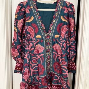 FARM Rio Teal Dress with Pink Floral Embroidery